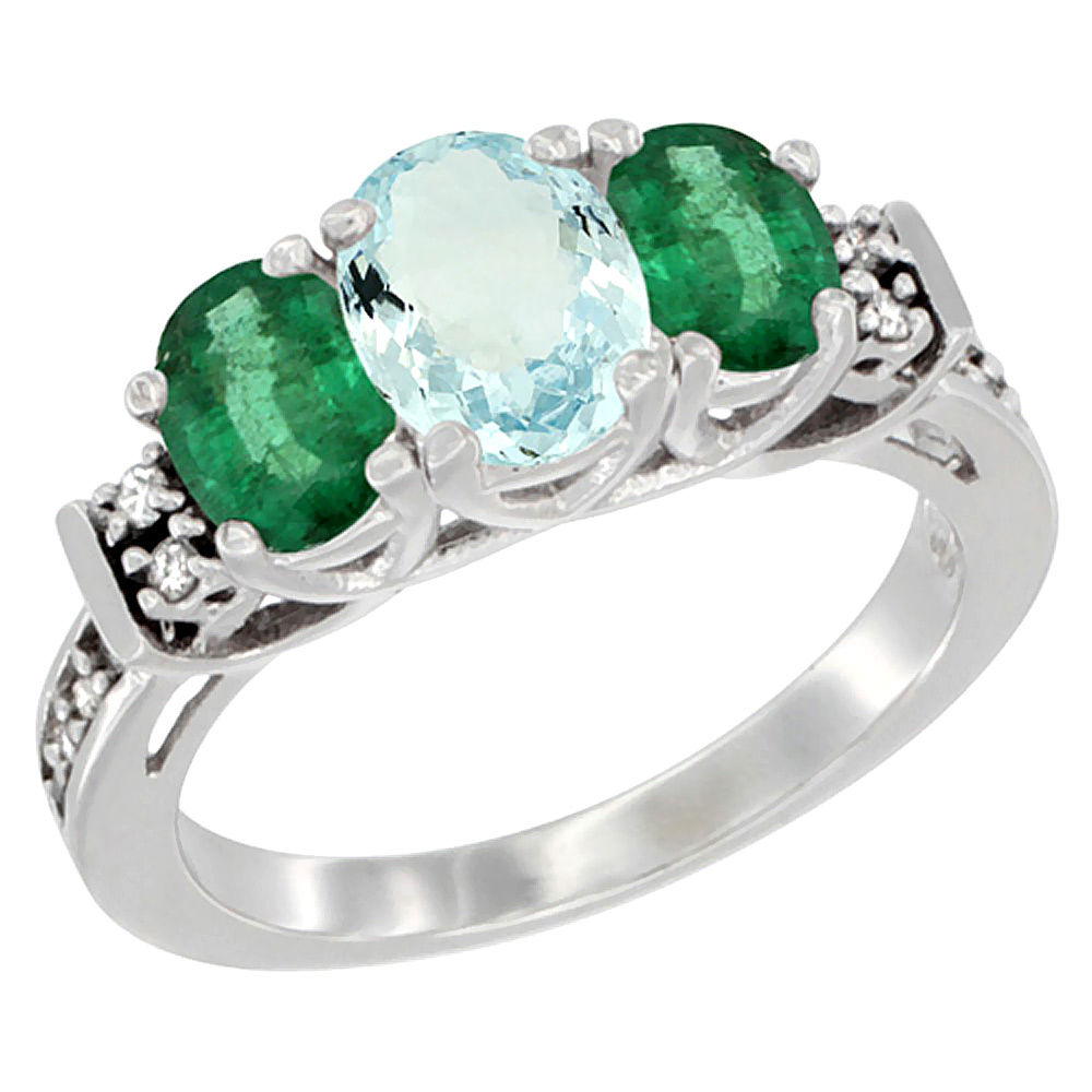 14K White Gold Natural Aquamarine &amp; Emerald Ring 3-Stone Oval Diamond Accent, sizes 5-10