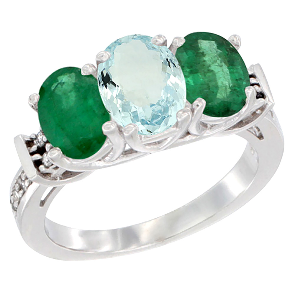 10K White Gold Natural Aquamarine &amp; Emerald Sides Ring 3-Stone Oval Diamond Accent, sizes 5 - 10