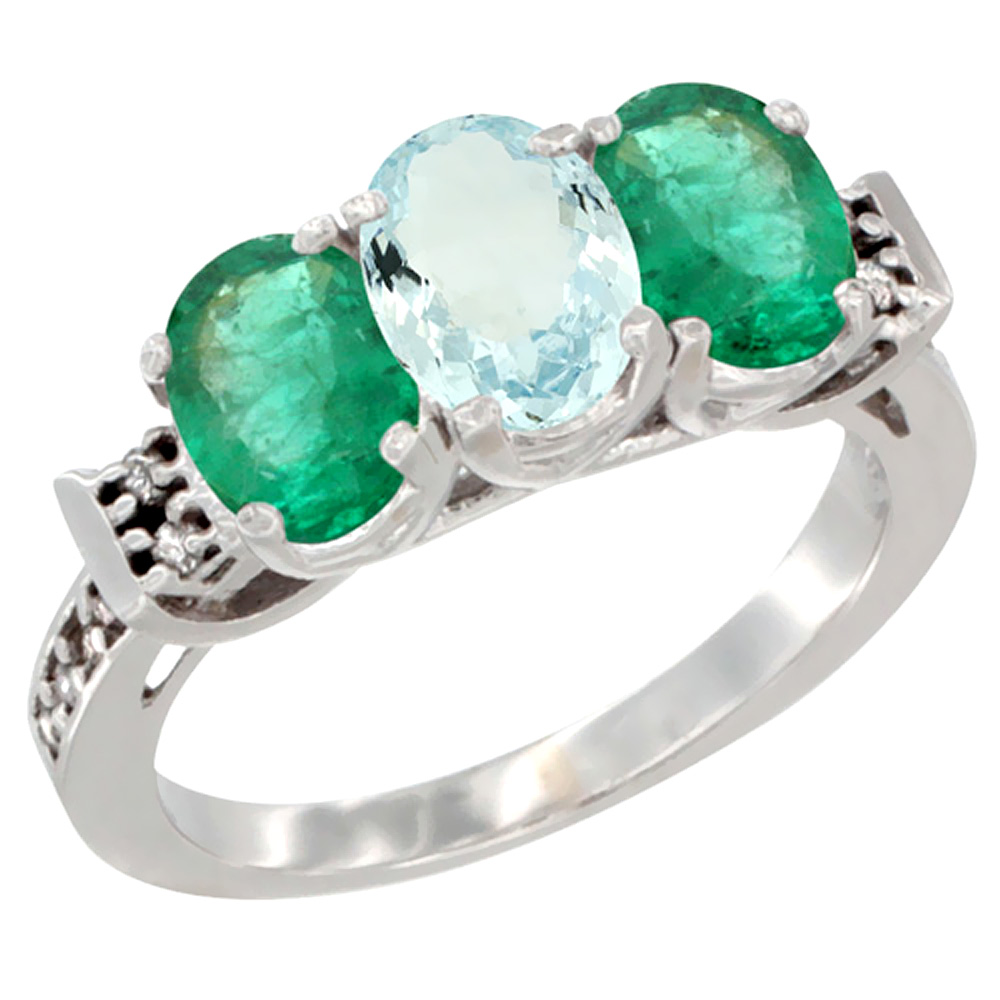 10K White Gold Natural Aquamarine & Emerald Sides Ring 3-Stone Oval 7x5 mm Diamond Accent, sizes 5 - 10
