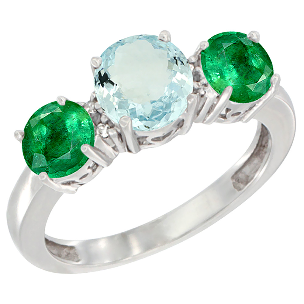 10K White Gold Round 3-Stone Natural Aquamarine Ring &amp; Emerald Sides Diamond Accent, sizes 5 - 10