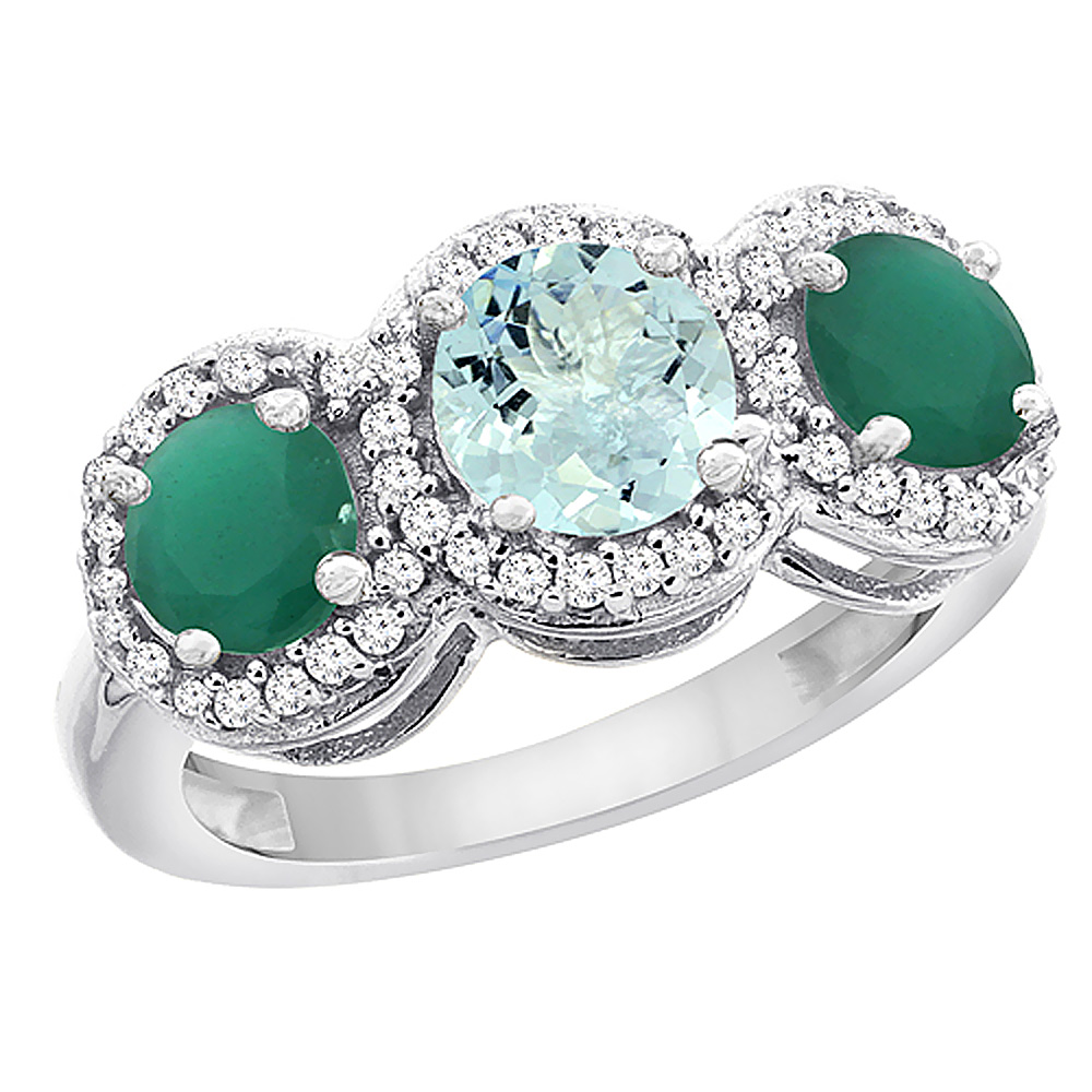 10K White Gold Natural Aquamarine &amp; Emerald Sides Round 3-stone Ring Diamond Accents, sizes 5 - 10