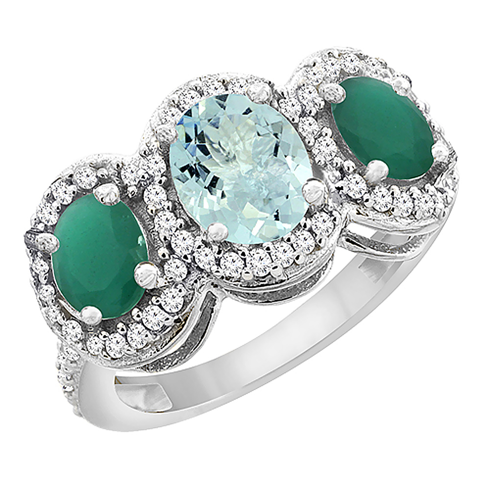 10K White Gold Natural Aquamarine &amp; Emerald 3-Stone Ring Oval Diamond Accent, sizes 5 - 10