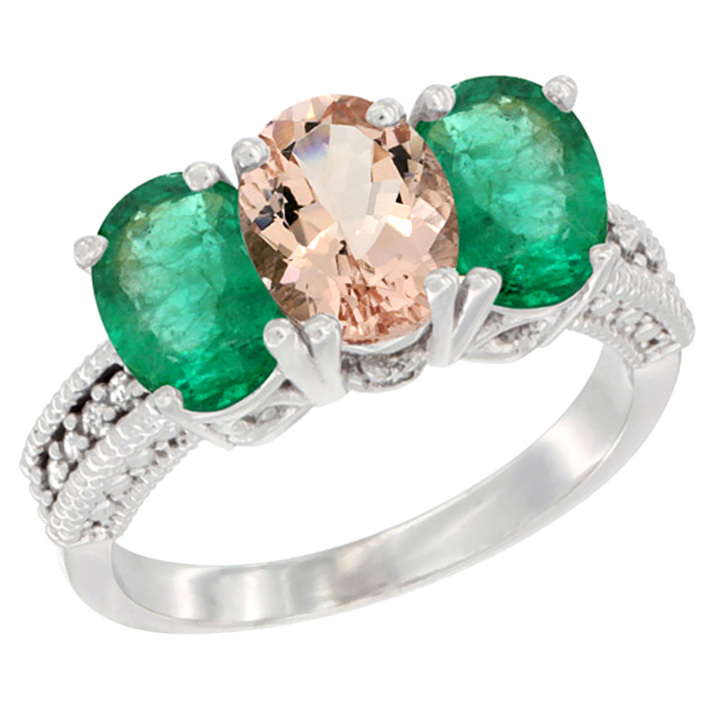 14K White Gold Natural Morganite &amp; Emerald Sides Ring 3-Stone 7x5 mm Oval Diamond Accent, sizes 5 - 10