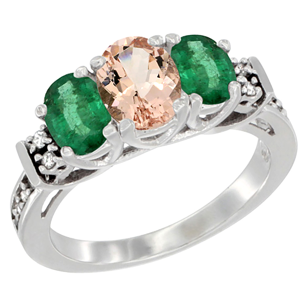 14K White Gold Natural Morganite &amp; Emerald Ring 3-Stone Oval Diamond Accent, sizes 5-10