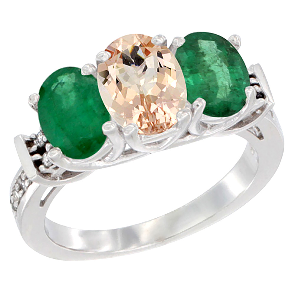 14K White Gold Natural Morganite & Emerald Sides Ring 3-Stone Oval Diamond Accent, sizes 5 - 10