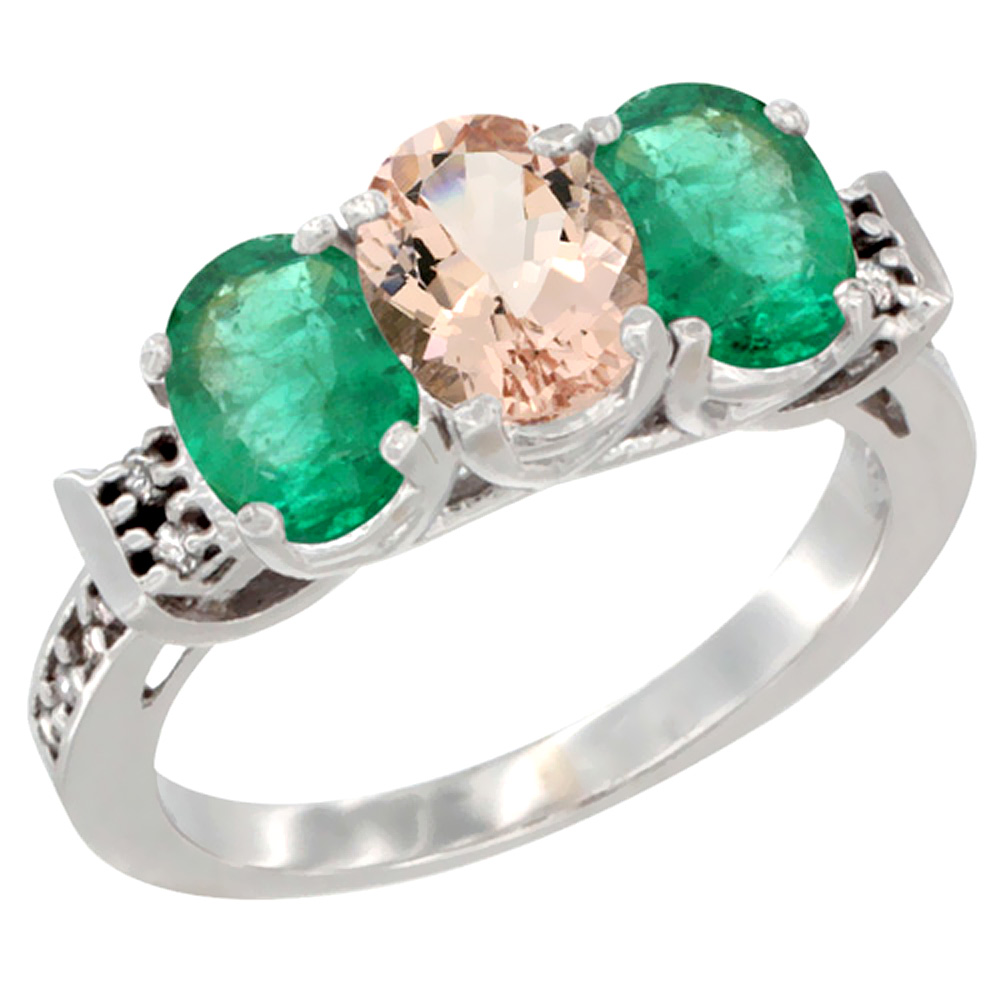 14K White Gold Natural Morganite &amp; Emerald Sides Ring 3-Stone Oval 7x5 mm Diamond Accent, sizes 5 - 10
