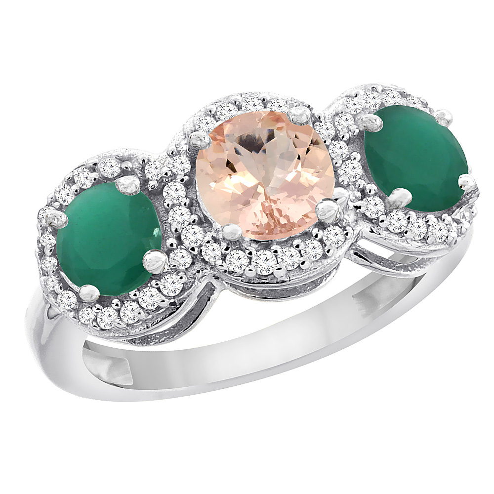 14K White Gold Natural Morganite &amp; Emerald Sides Round 3-stone Ring Diamond Accents, sizes 5 - 10
