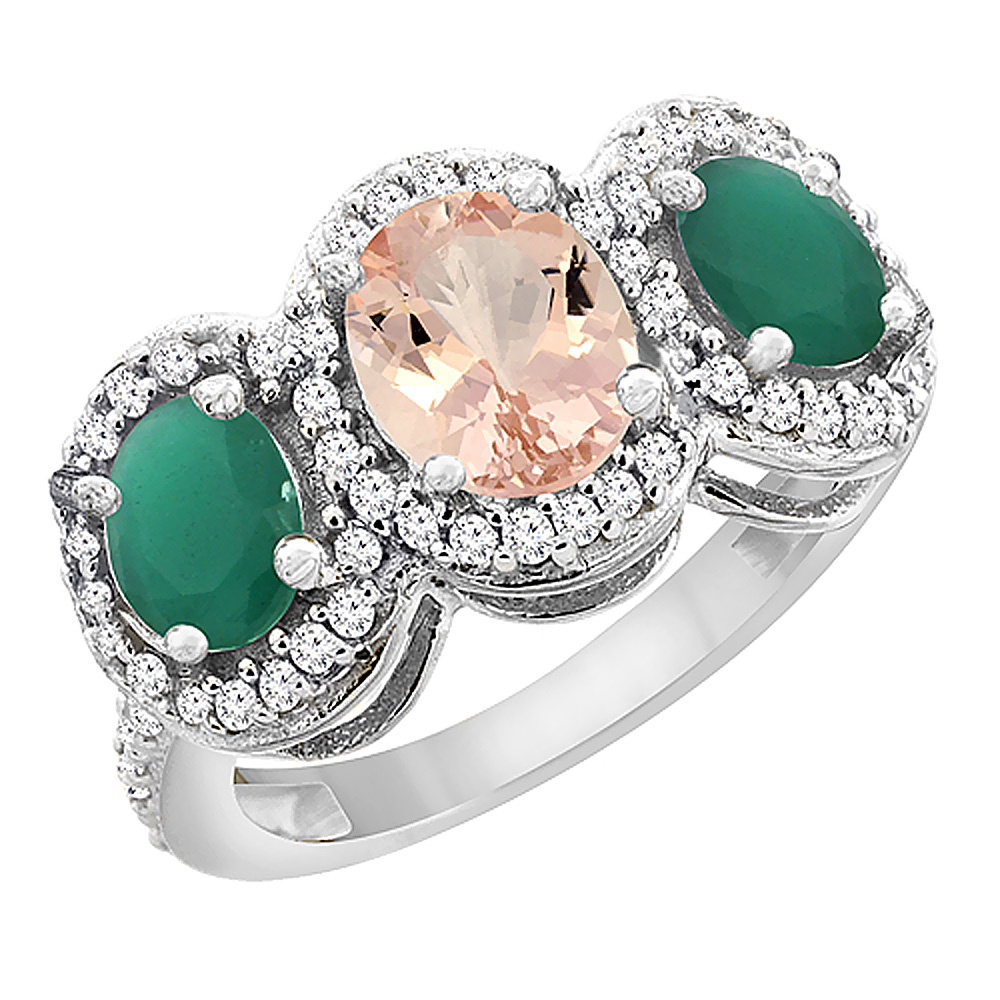 14K White Gold Natural Morganite &amp; Cabochon Emerald 3-Stone Ring Oval Diamond Accent, sizes 5 - 10