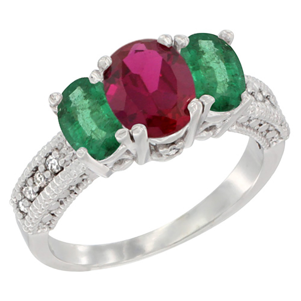 10K White Gold Diamond Quality Ruby 7x5mm &amp; 6x4mm Quality Emerald Oval 3-stone Mothers Ring,size 5 - 10