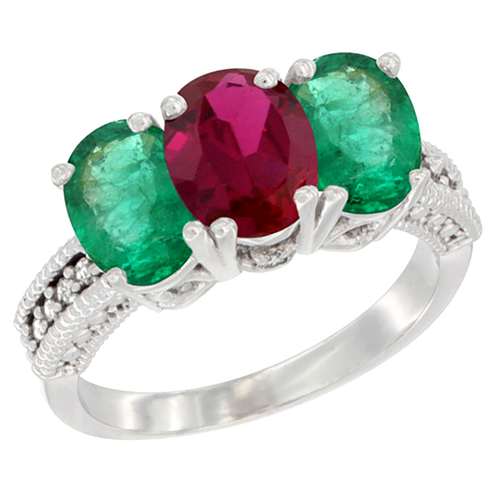 14K White Gold Enhanced Ruby &amp; Natural Emerald Sides Ring 3-Stone 7x5 mm Oval Diamond Accent, sizes 5 - 10