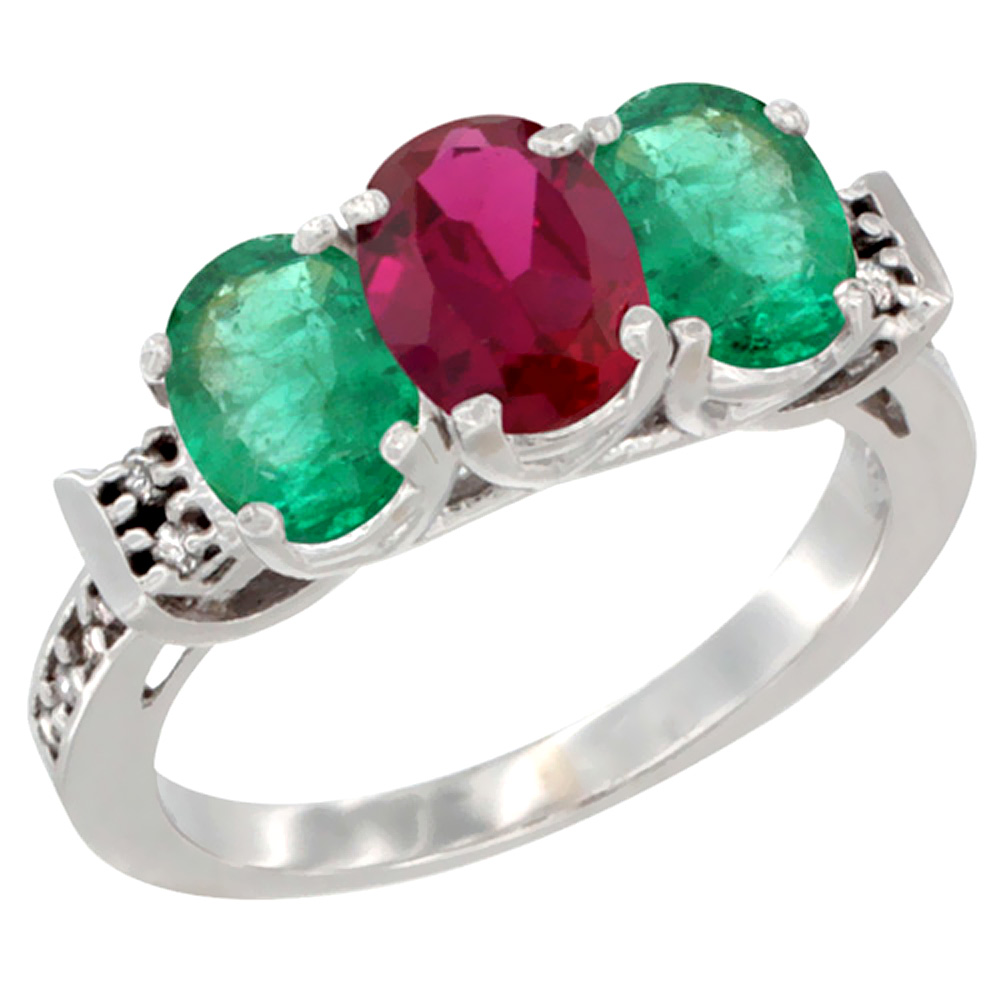 10K White Gold Enhanced Ruby &amp; Natural Emerald Sides Ring 3-Stone Oval 7x5 mm Diamond Accent, sizes 5 - 10