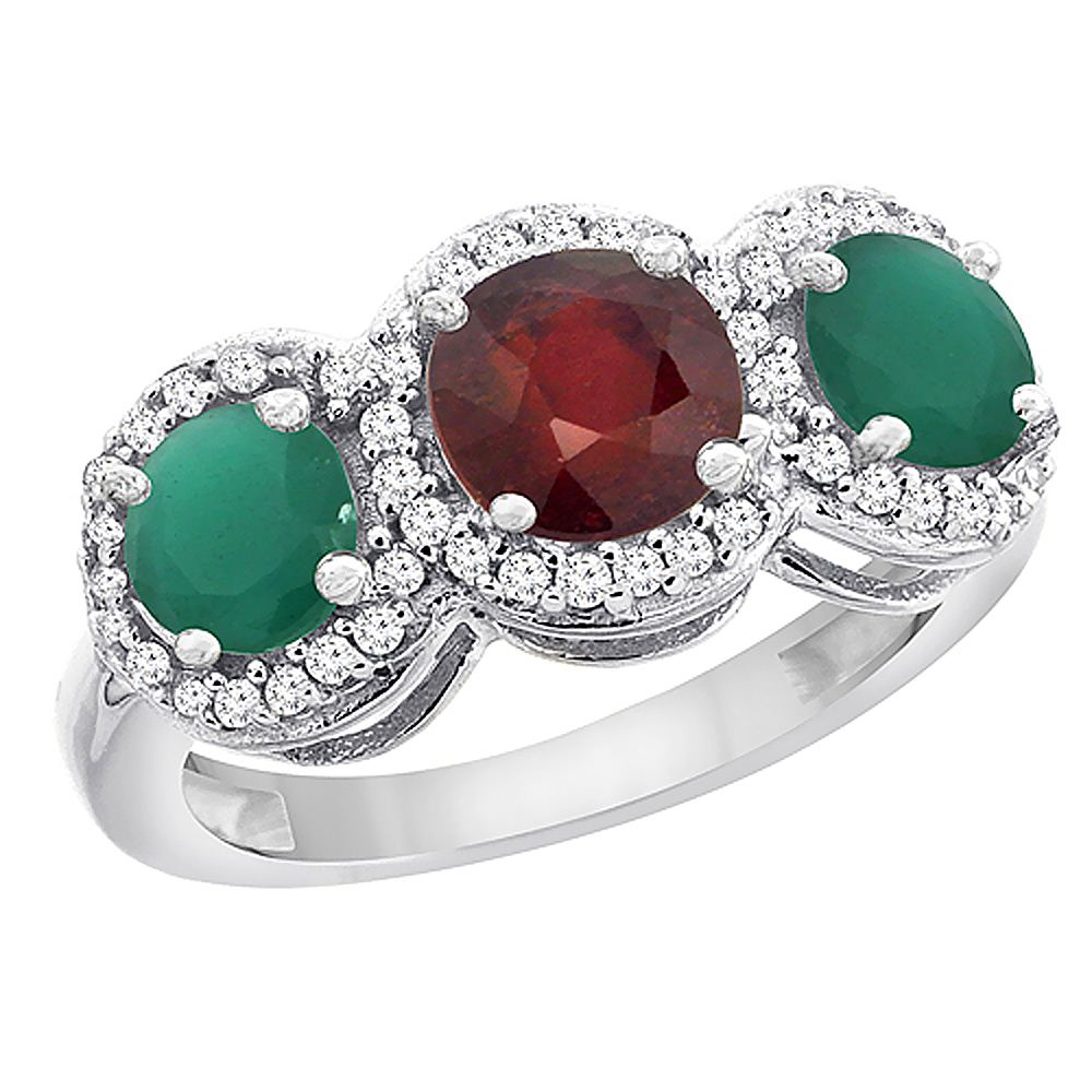 10K White Gold Enhanced Ruby & Emerald Sides Round 3-stone Ring Diamond Accents, sizes 5 - 10