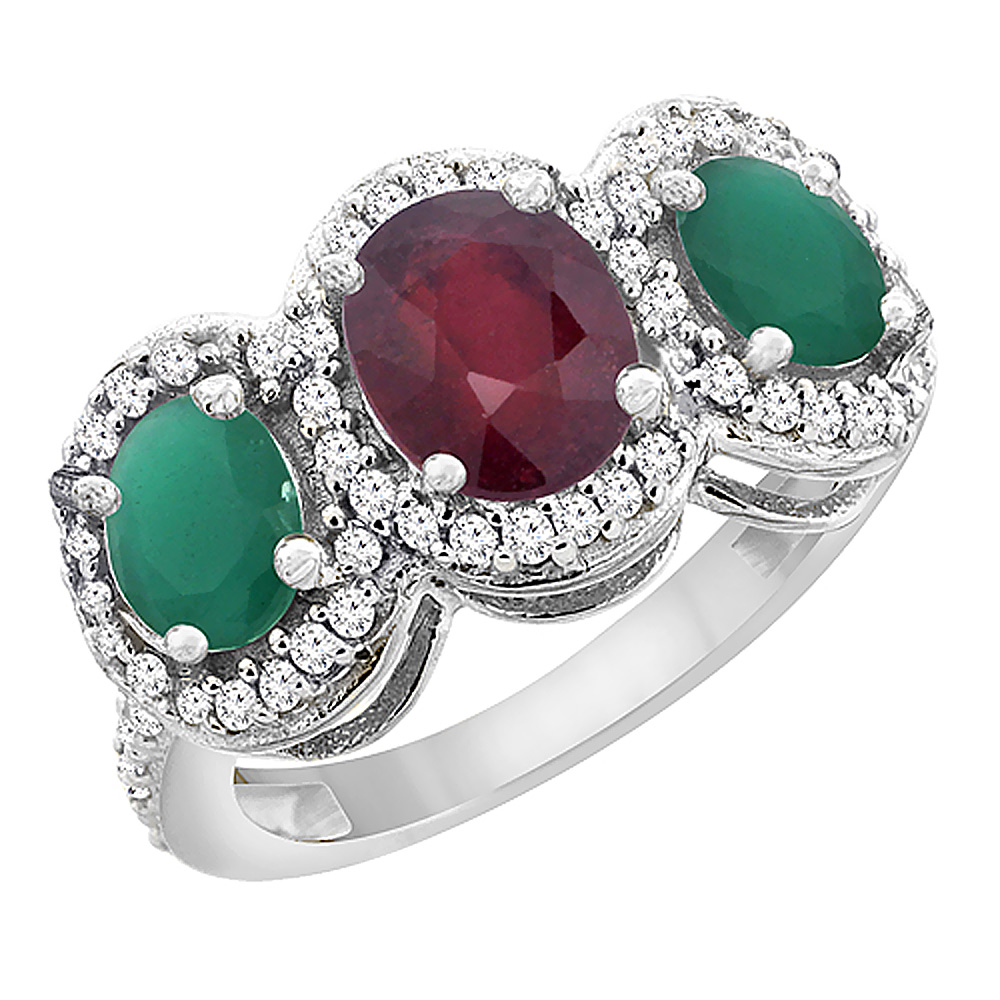 14K White Gold Natural Quality Ruby & Emerald 3-stone Mothers Ring Oval Diamond Accent, size 5 - 10