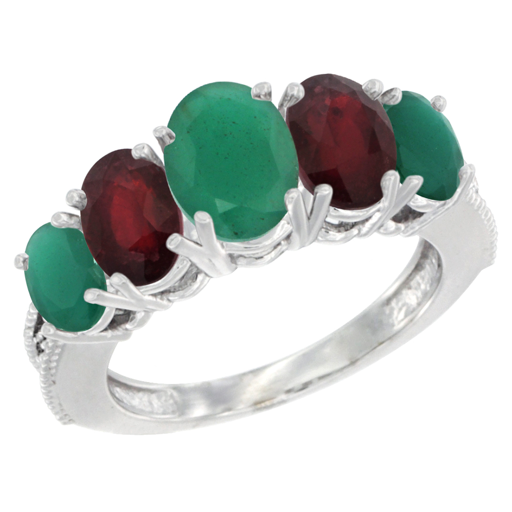 10K White Gold Diamond Natural Emerald,Enhanced Genuine Ruby Ring 5-stone Oval 8x6 Ctr,7x5,6x4 sides, szs5-10