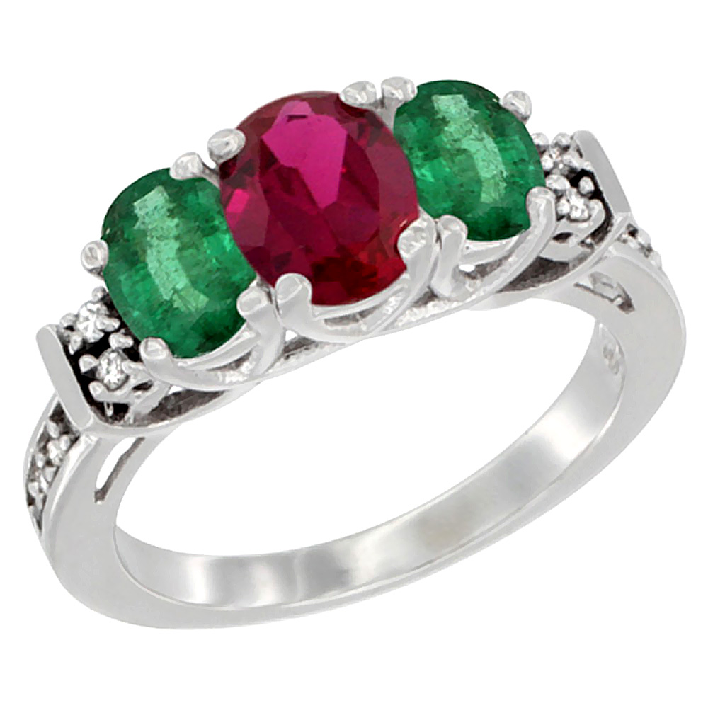10K White Gold Natural Quality Ruby & Emerald 3-stone Mothers Ring Oval Diamond Accent, size 5-10