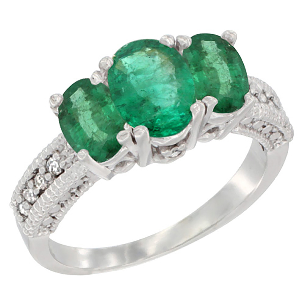 10K White Gold Diamond Natural Emerald Ring Oval 3-stone, sizes 5 - 10