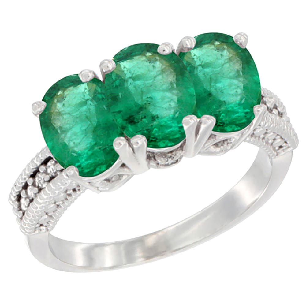 14K White Gold Natural Emerald Ring 3-Stone 7x5 mm Oval Diamond Accent, sizes 5 - 10