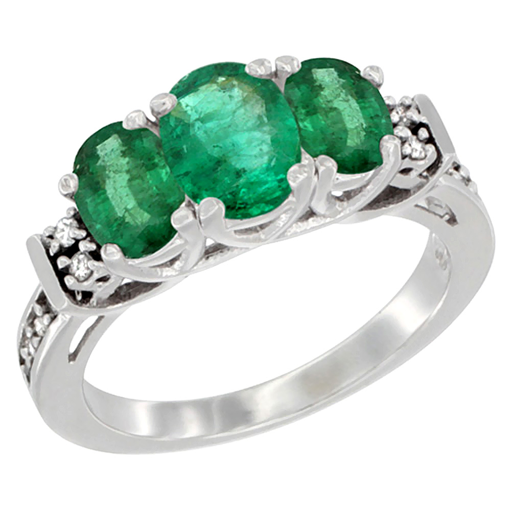 14K White Gold Natural Emerald Ring 3-Stone Oval Diamond Accent, sizes 5-10