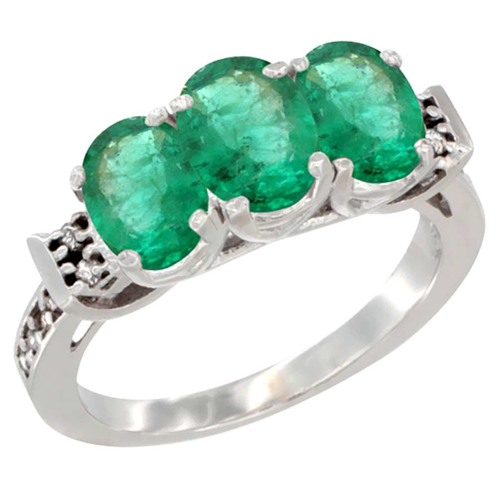 14K White Gold Natural Emerald Ring 3-Stone Oval 7x5 mm Diamond Accent, sizes 5 - 10