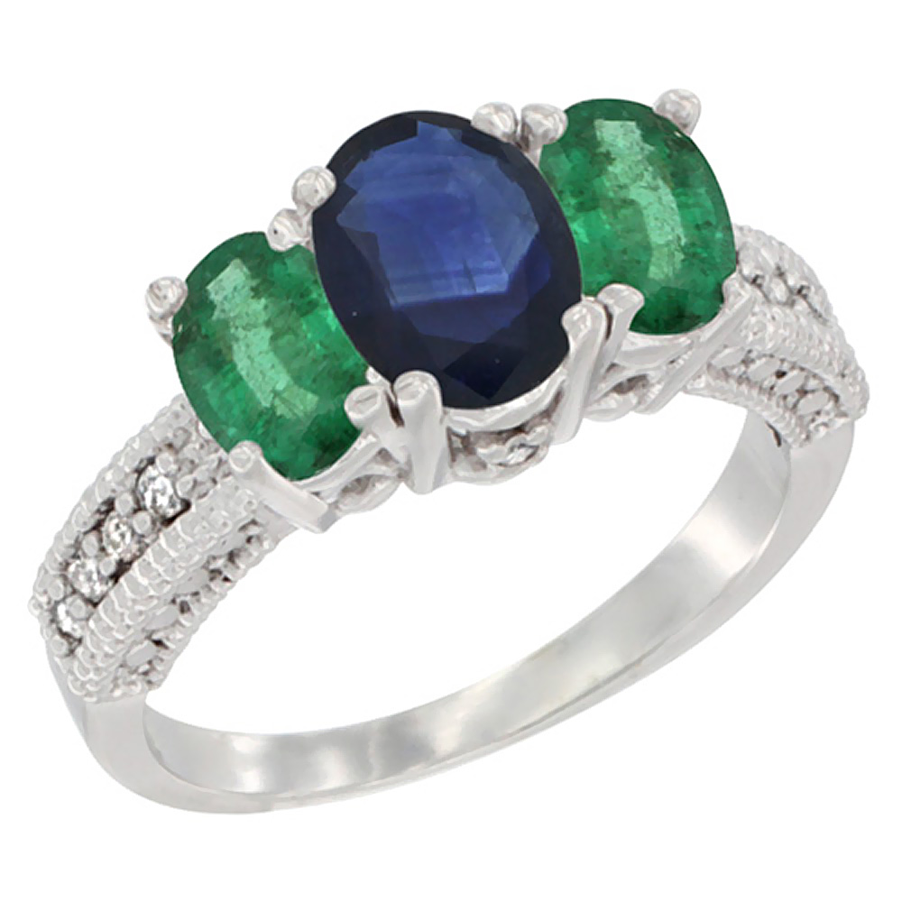 10K White Gold Diamond Natural Blue Sapphire 7x5mm&6x4mm Quality Emerald Oval 3-stone Mothers Ring,sz5-10