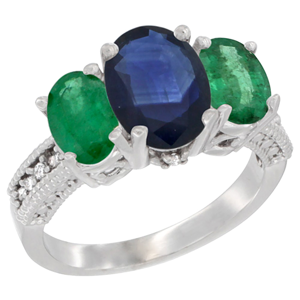 10K White Gold Diamond Natural Quality Blue Sapphire 3-stone Mothers Ring Oval 8x6mm with Emerald, sz5-10