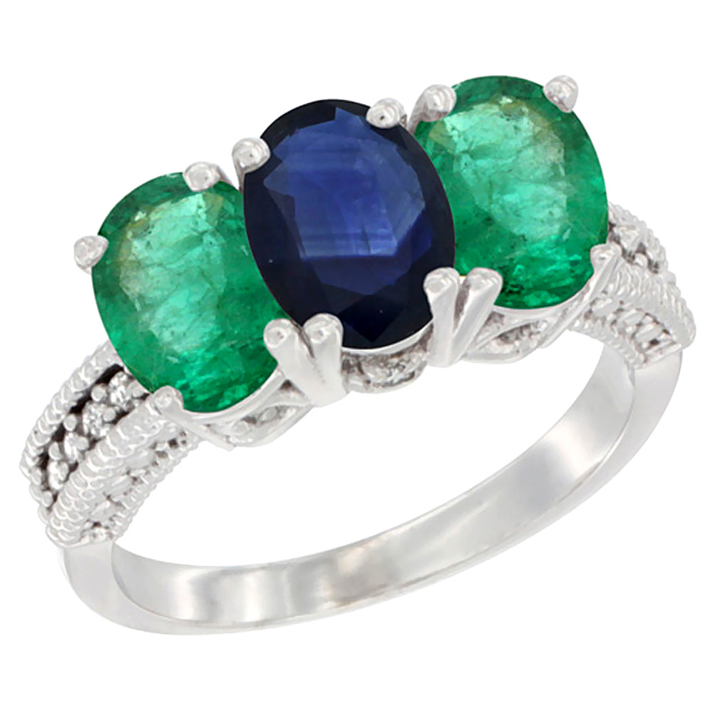 14K White Gold Natural Blue Sapphire &amp; Emerald Sides Ring 3-Stone 7x5 mm Oval Diamond Accent, sizes 5 - 10
