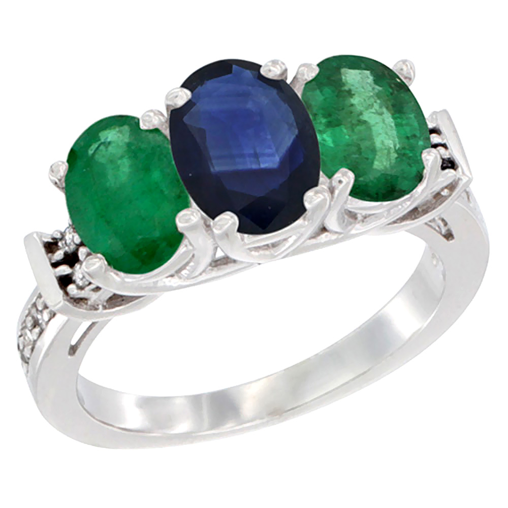 14K White Gold Natural Blue Sapphire &amp; Emerald Sides Ring 3-Stone Oval Diamond Accent, sizes 5 - 10
