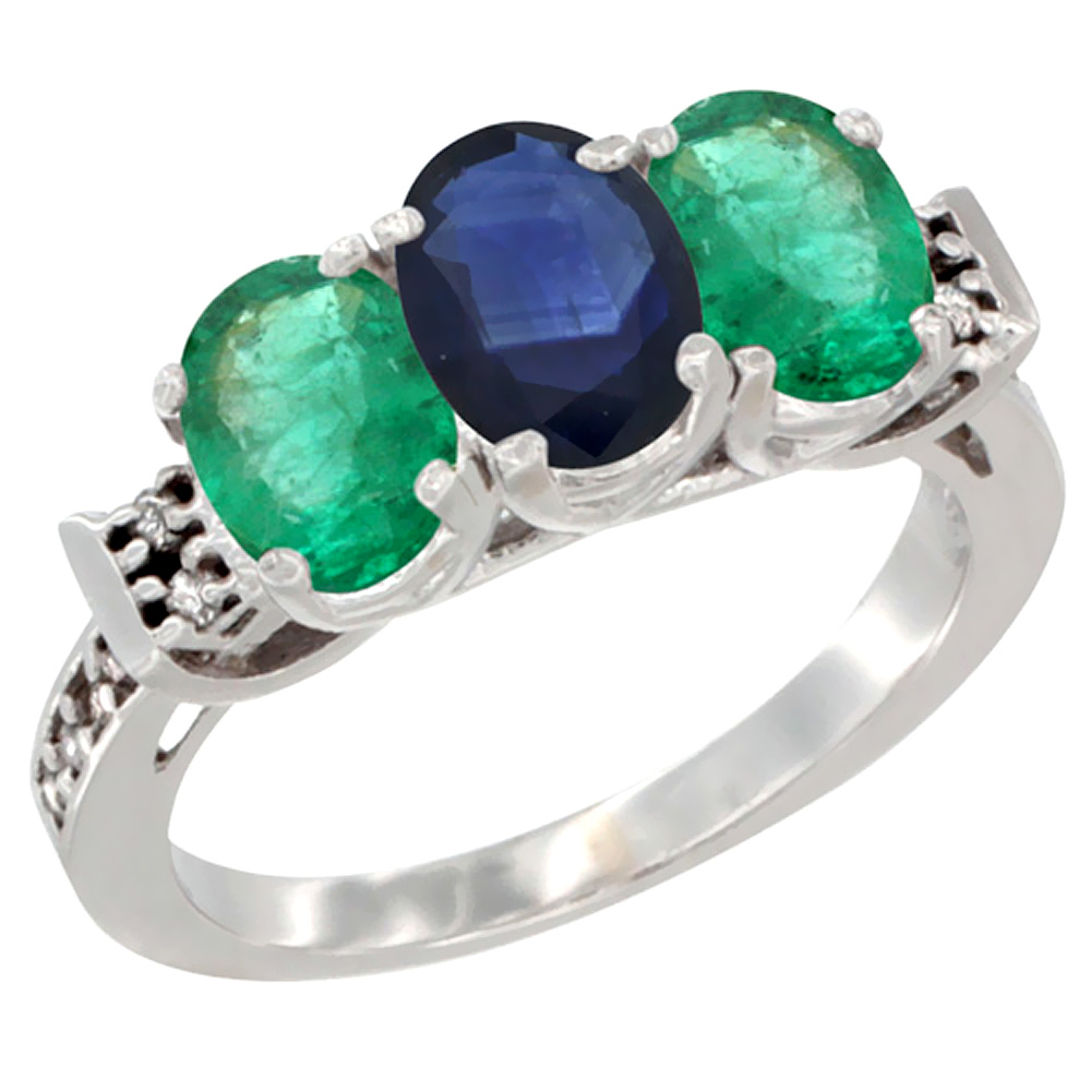 10K White Gold Natural Blue Sapphire &amp; Emerald Sides Ring 3-Stone Oval 7x5 mm Diamond Accent, sizes 5 - 10