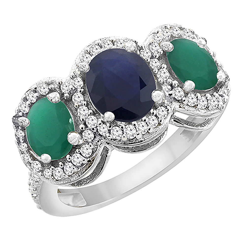 10K White Gold Natural Blue Sapphire &amp; Cabochon Emerald 3-Stone Ring Oval Diamond Accent, sizes 5 - 10