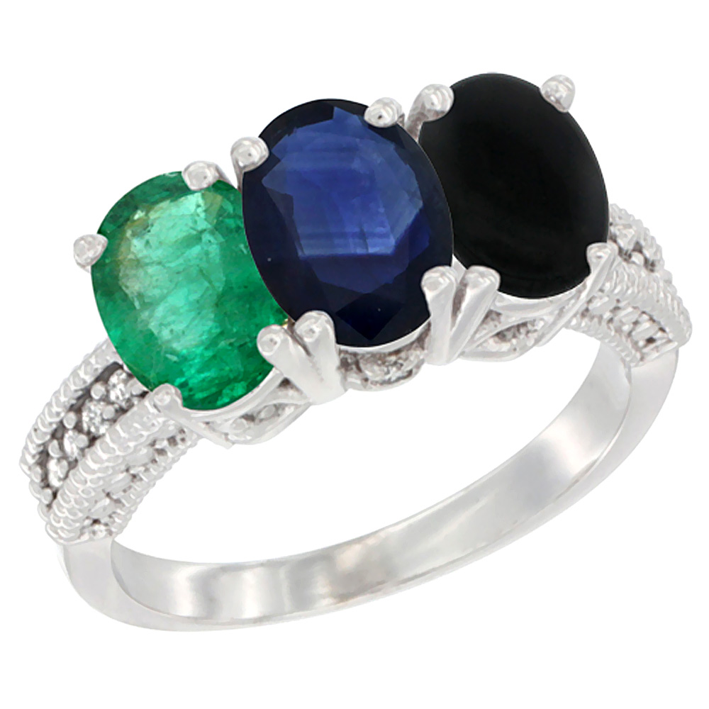 14K White Gold Natural Emerald, Blue Sapphire & Black Onyx Ring 3-Stone 7x5 mm Oval Diamond Accent, sizes 5 - 10