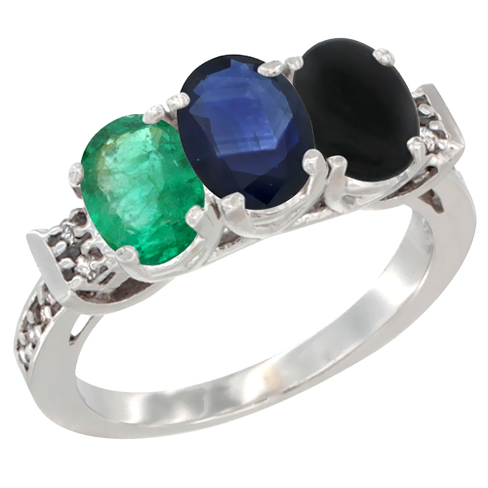 14K White Gold Natural Emerald, Blue Sapphire &amp; Black Onyx Ring 3-Stone Oval 7x5 mm Diamond Accent, sizes 5 - 10