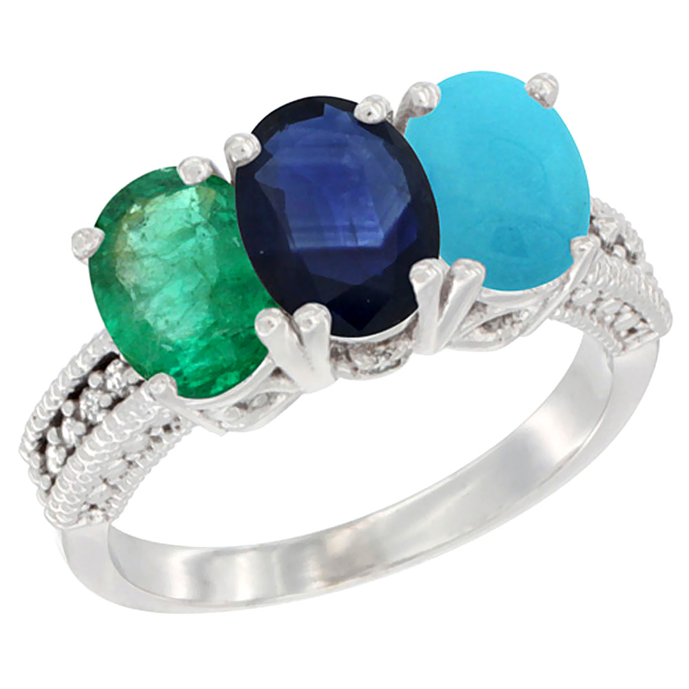 10K White Gold Diamond Natural Emerald, Blue Sapphire &amp; Turquoise Ring 3-Stone 7x5 mm Oval, sizes 5 - 10