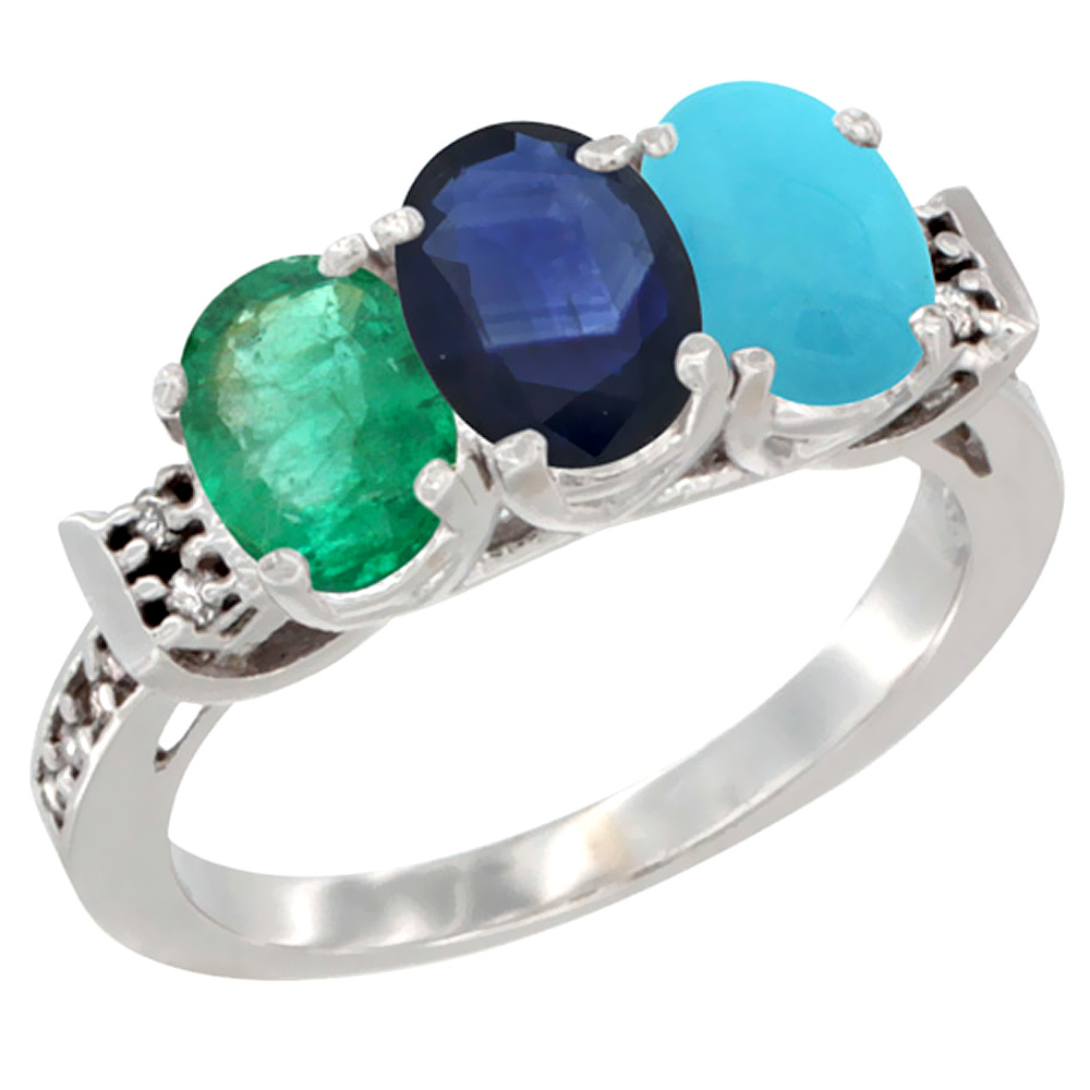10K White Gold Natural Emerald, Blue Sapphire & Turquoise Ring 3-Stone Oval 7x5 mm Diamond Accent, sizes 5 - 10