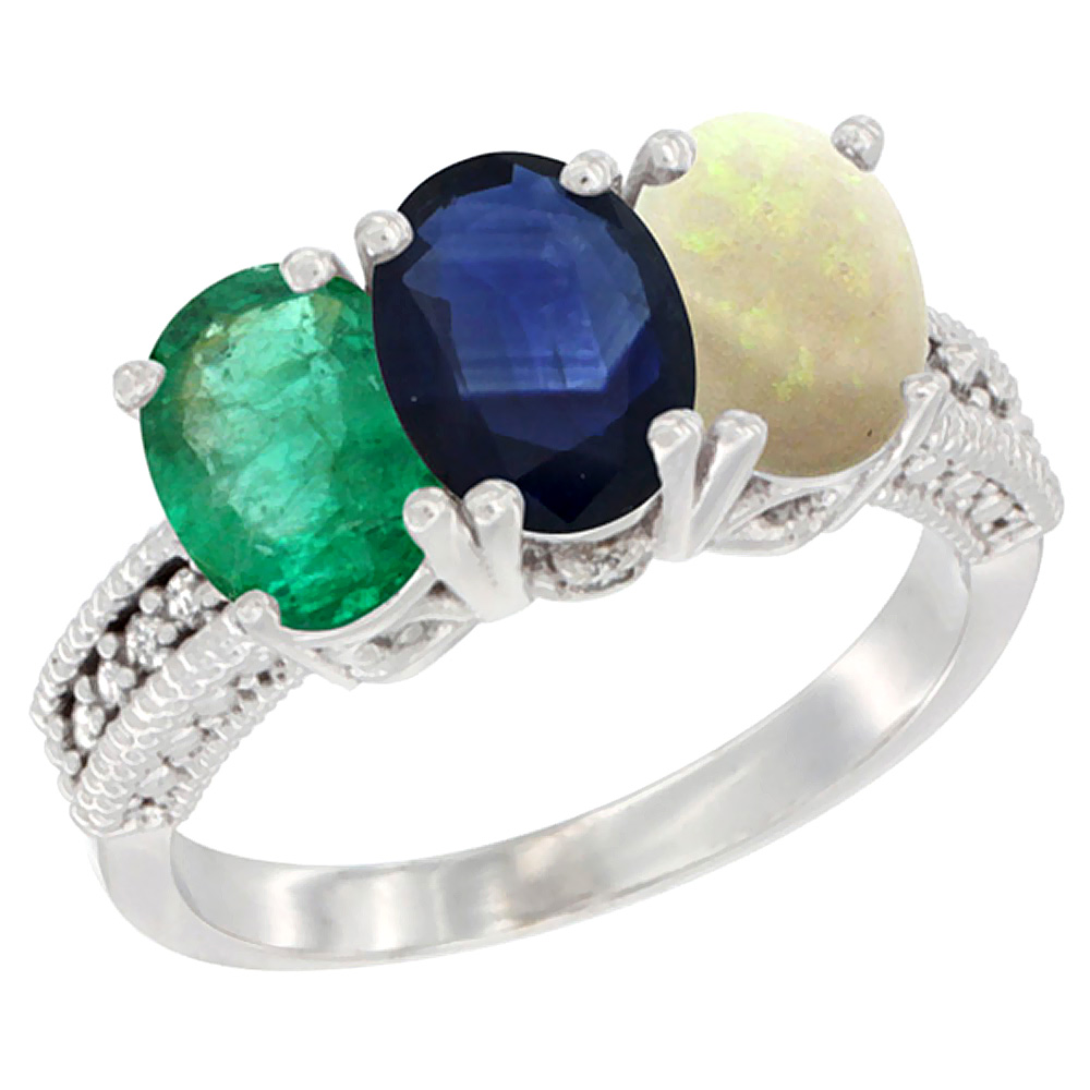 14K White Gold Natural Emerald, Blue Sapphire &amp; Opal Ring 3-Stone 7x5 mm Oval Diamond Accent, sizes 5 - 10