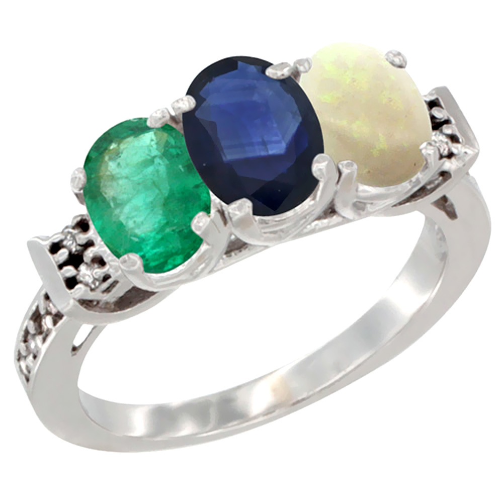 10K White Gold Natural Emerald, Blue Sapphire & Opal Ring 3-Stone Oval 7x5 mm Diamond Accent, sizes 5 - 10