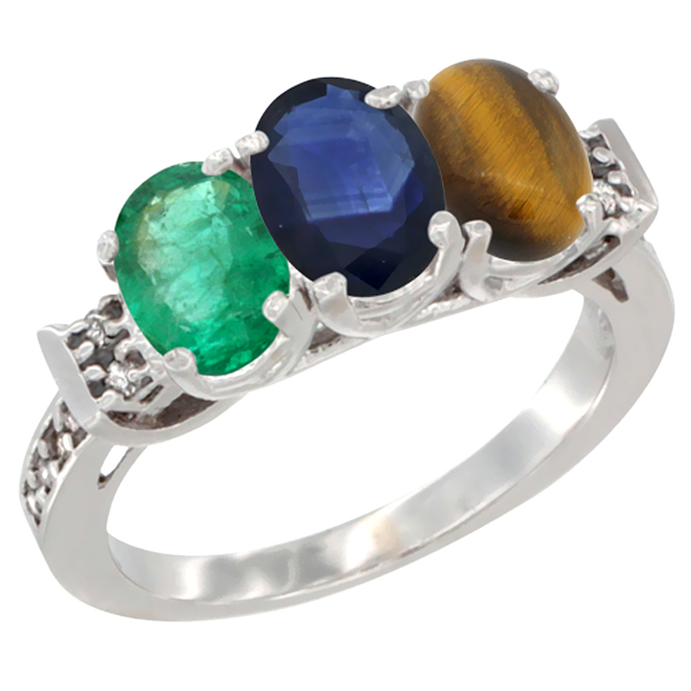 10K White Gold Natural Emerald, Blue Sapphire &amp; Tiger Eye Ring 3-Stone Oval 7x5 mm Diamond Accent, sizes 5 - 10