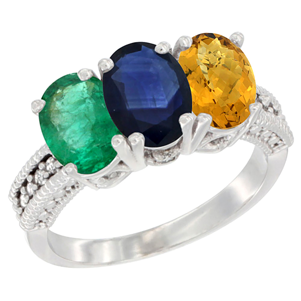 10K White Gold Diamond Natural Emerald, Blue Sapphire & Whisky Quartz Ring 3-Stone 7x5 mm Oval, sizes 5 - 10