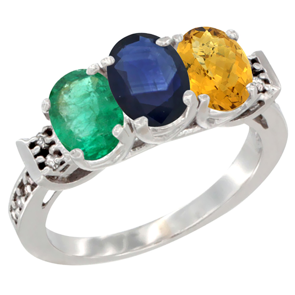 10K White Gold Natural Emerald, Blue Sapphire & Whisky Quartz Ring 3-Stone Oval 7x5 mm Diamond Accent, sizes 5 - 10