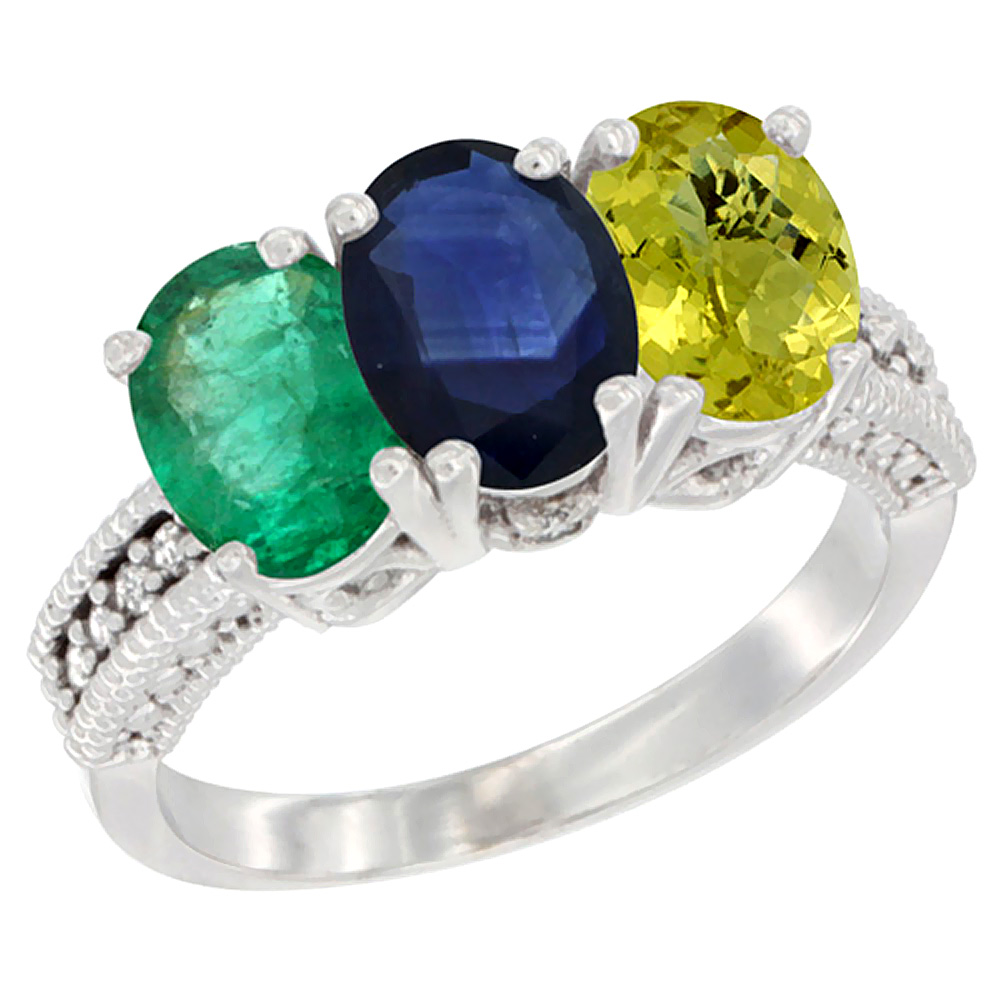 14K White Gold Natural Emerald, Blue Sapphire &amp; Lemon Quartz Ring 3-Stone 7x5 mm Oval Diamond Accent, sizes 5 - 10