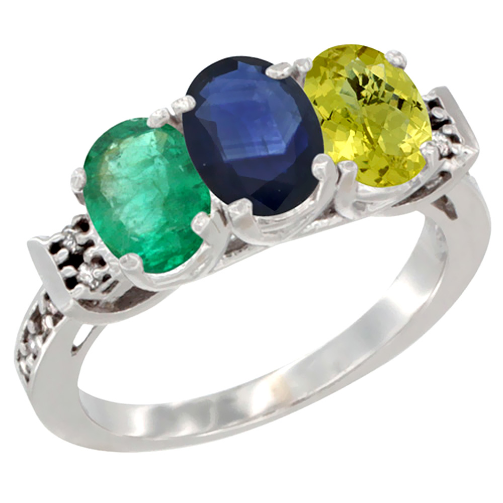 14K White Gold Natural Emerald, Blue Sapphire &amp; Lemon Quartz Ring 3-Stone Oval 7x5 mm Diamond Accent, sizes 5 - 10