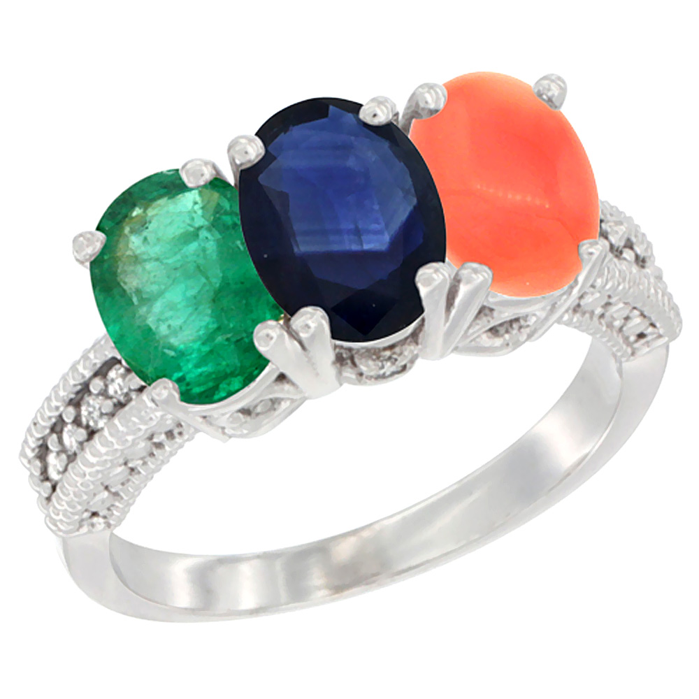 14K White Gold Natural Emerald, Blue Sapphire & Coral Ring 3-Stone 7x5 mm Oval Diamond Accent, sizes 5 - 10