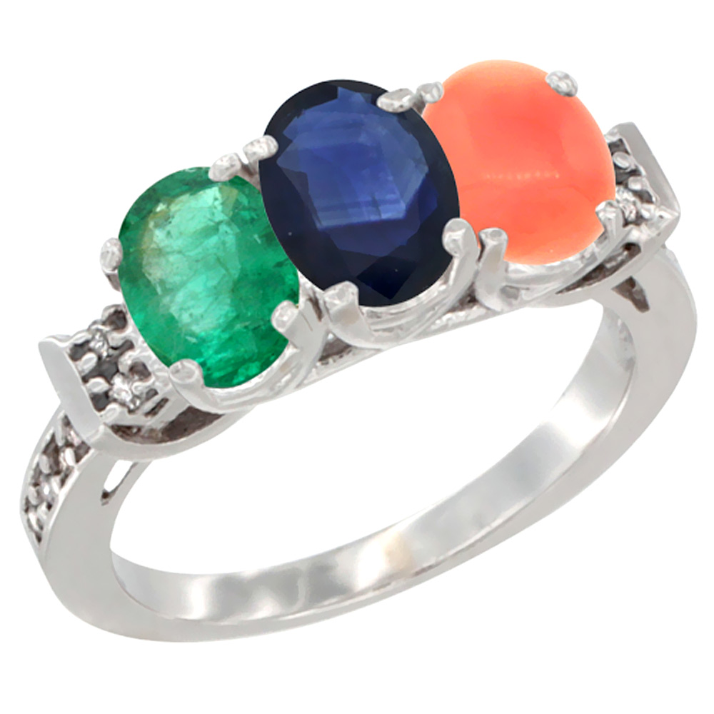 10K White Gold Natural Emerald, Blue Sapphire & Coral Ring 3-Stone Oval 7x5 mm Diamond Accent, sizes 5 - 10