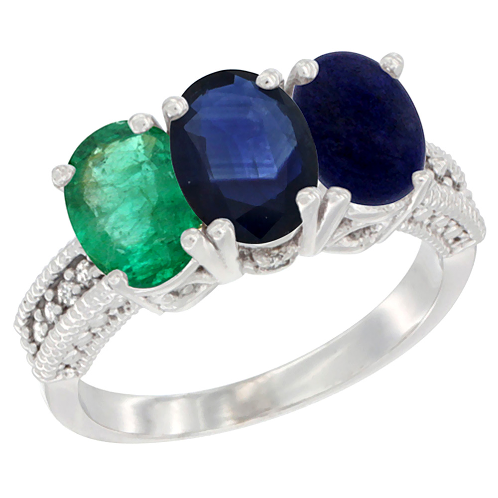 10K White Gold Diamond Natural Emerald, Blue Sapphire &amp; Lapis Ring 3-Stone 7x5 mm Oval, sizes 5 - 10