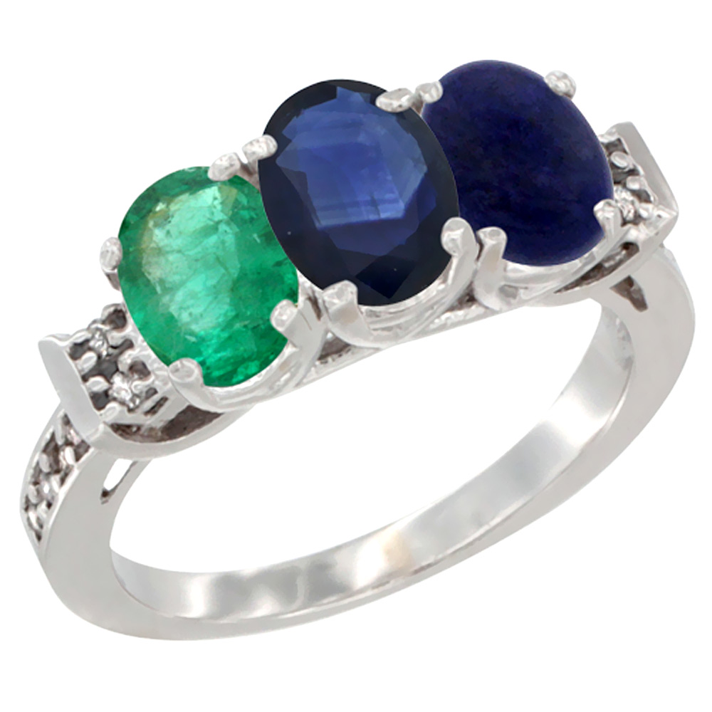 14K White Gold Natural Emerald, Blue Sapphire &amp; Lapis Ring 3-Stone Oval 7x5 mm Diamond Accent, sizes 5 - 10