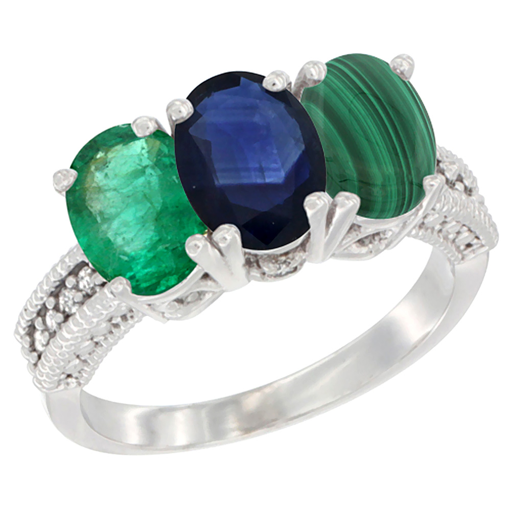 10K White Gold Diamond Natural Emerald, Blue Sapphire &amp; Malachite Ring 3-Stone 7x5 mm Oval, sizes 5 - 10