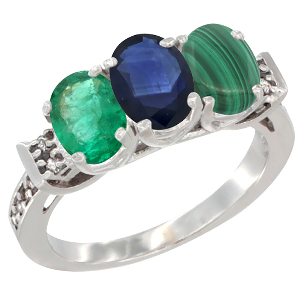 10K White Gold Natural Emerald, Blue Sapphire & Malachite Ring 3-Stone Oval 7x5 mm Diamond Accent, sizes 5 - 10
