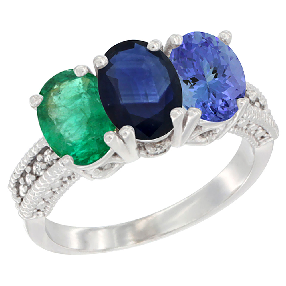 14K White Gold Natural Emerald, Blue Sapphire & Tanzanite Ring 3-Stone 7x5 mm Oval Diamond Accent, sizes 5 - 10