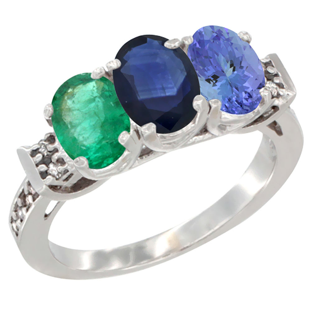 10K White Gold Natural Emerald, Blue Sapphire &amp; Tanzanite Ring 3-Stone Oval 7x5 mm Diamond Accent, sizes 5 - 10