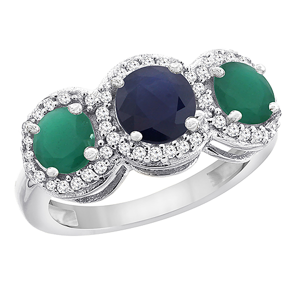 14K White Gold Natural High Quality Blue Sapphire & Emerald Sides Round 3-stone Ring Diamond Accents, sizes 5 - 10