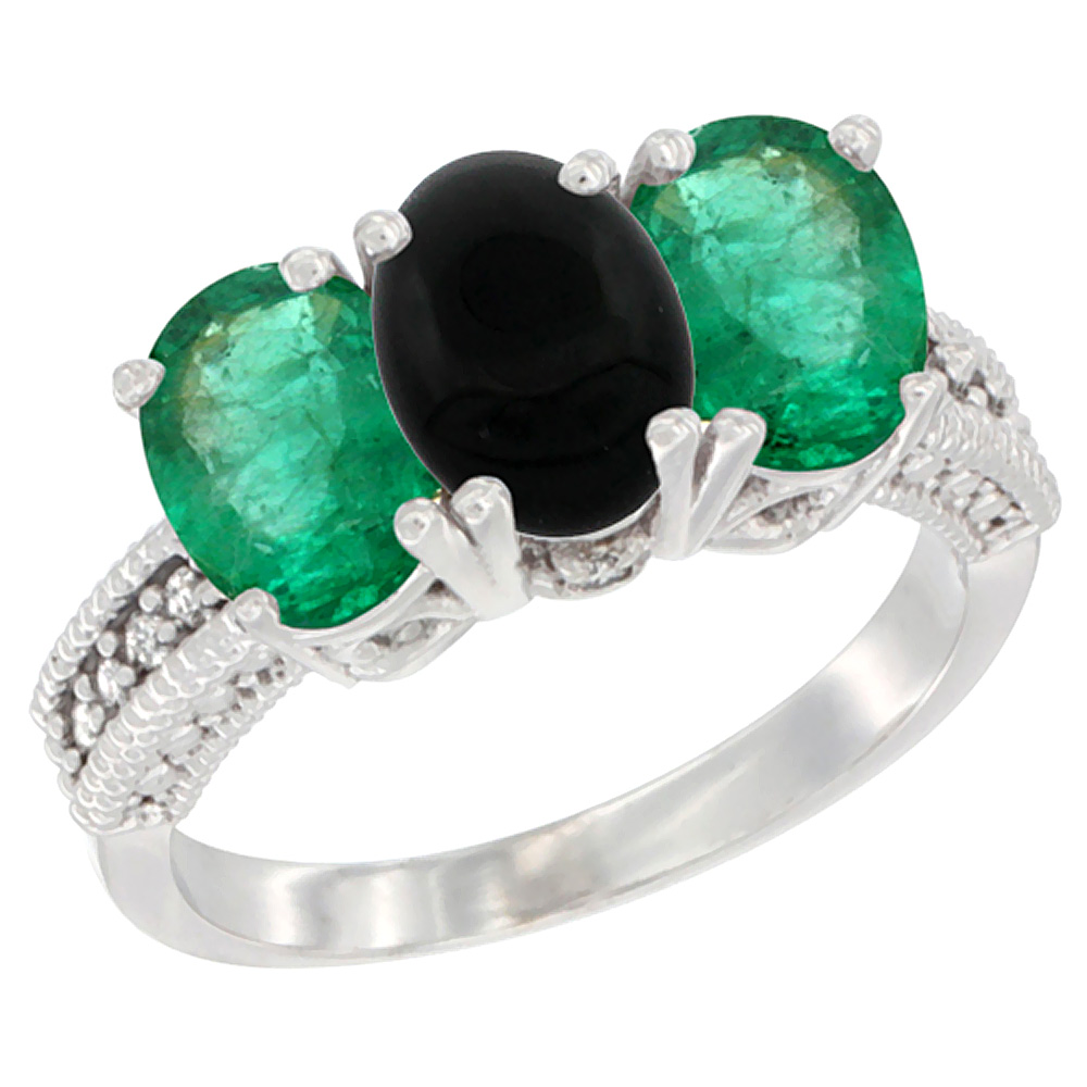14K White Gold Natural Black Onyx &amp; Emerald Sides Ring 3-Stone 7x5 mm Oval Diamond Accent, sizes 5 - 10